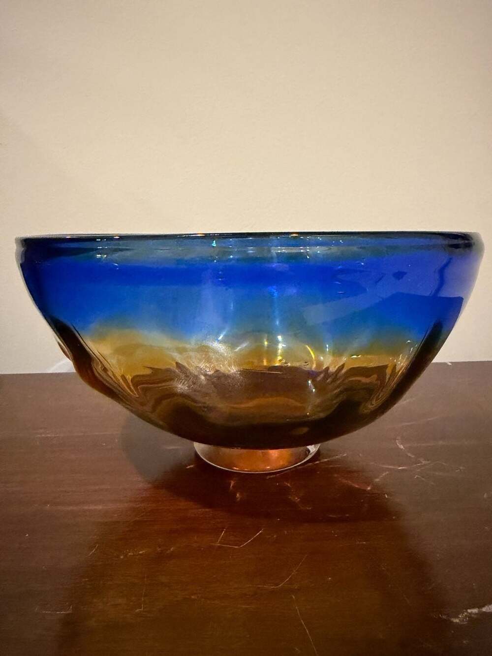 Vintage Mid-Century Modern Sommerso Art Glass Bowl in Cobalt Blue and Amber